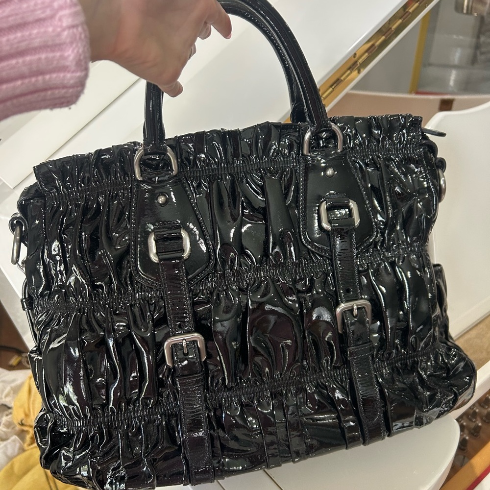 Prada Black Patent Ruched Tote with Buckle Accents - Picture 3 of 10